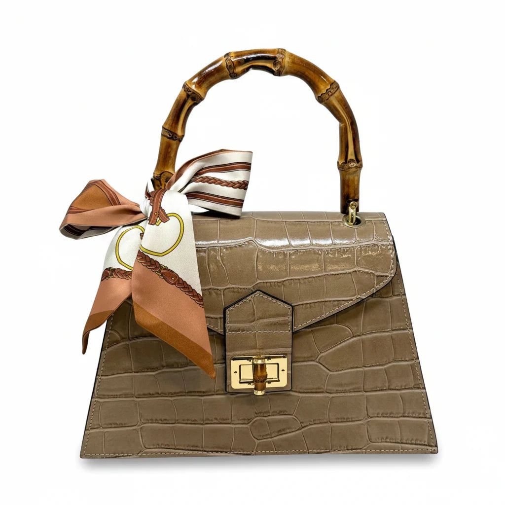 Italian Crocco Leather Bamboo Handle Bag with structured silhouette and front flap closure Taupe