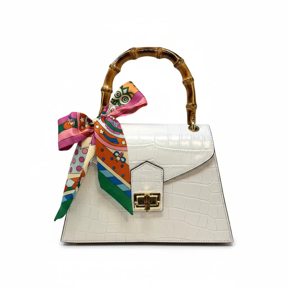 Italian Crocco Leather Bamboo Handle Bag with structured silhouette and front flap closure White