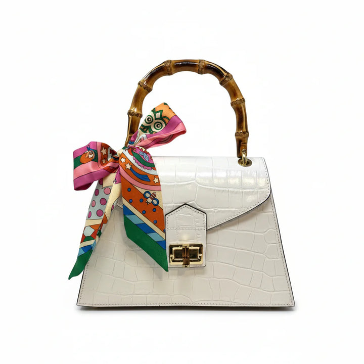 Italian Crocco Leather Bamboo Handle Bag with structured silhouette and front flap closure White