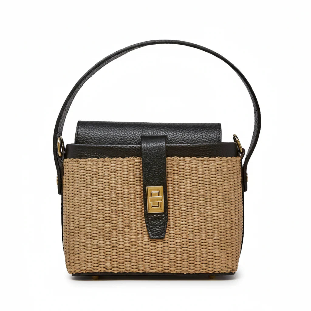 Italian Leather and Rattan Top Handle Bag with gold turn-lock clasp and metal feet - Black