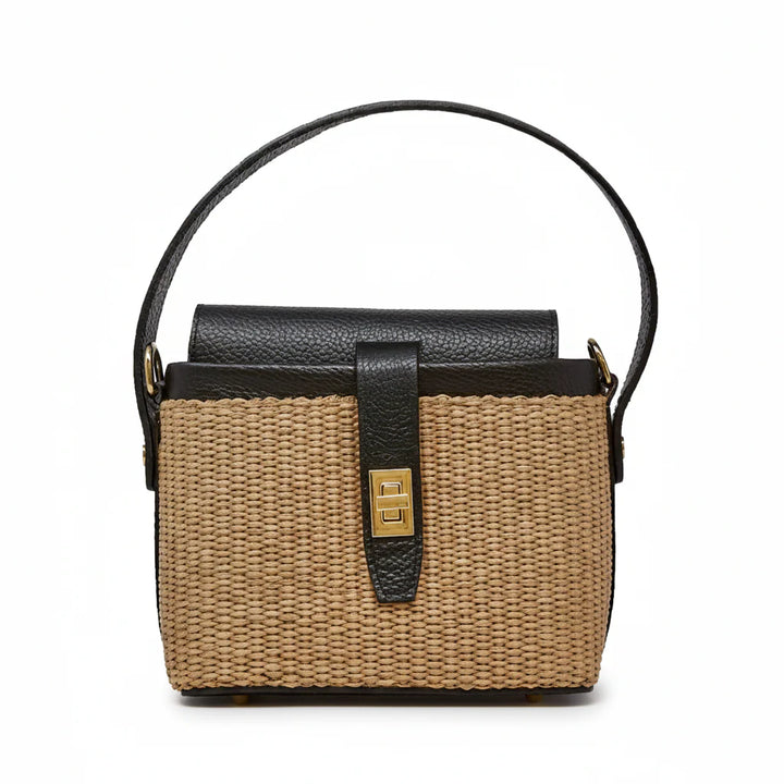 Italian Leather and Rattan Top Handle Bag with gold turn-lock clasp and metal feet - Black