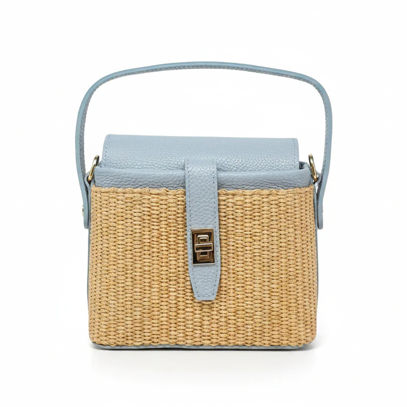 Italian Leather and Rattan Top Handle Bag with gold turn-lock clasp and metal feet - Light Blue