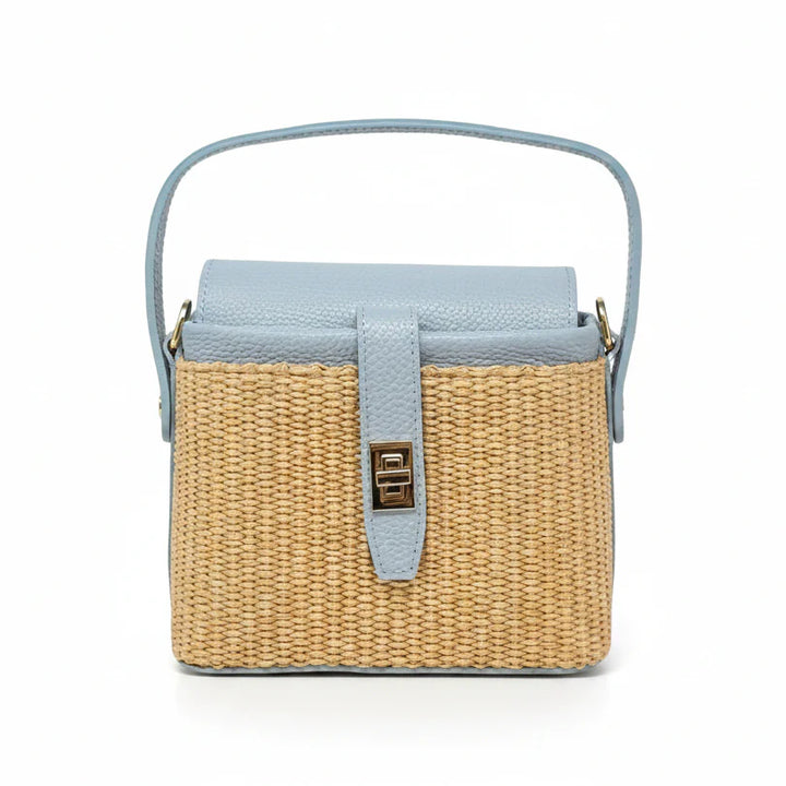 Italian Leather and Rattan Top Handle Bag with gold turn-lock clasp and metal feet - Light Blue
