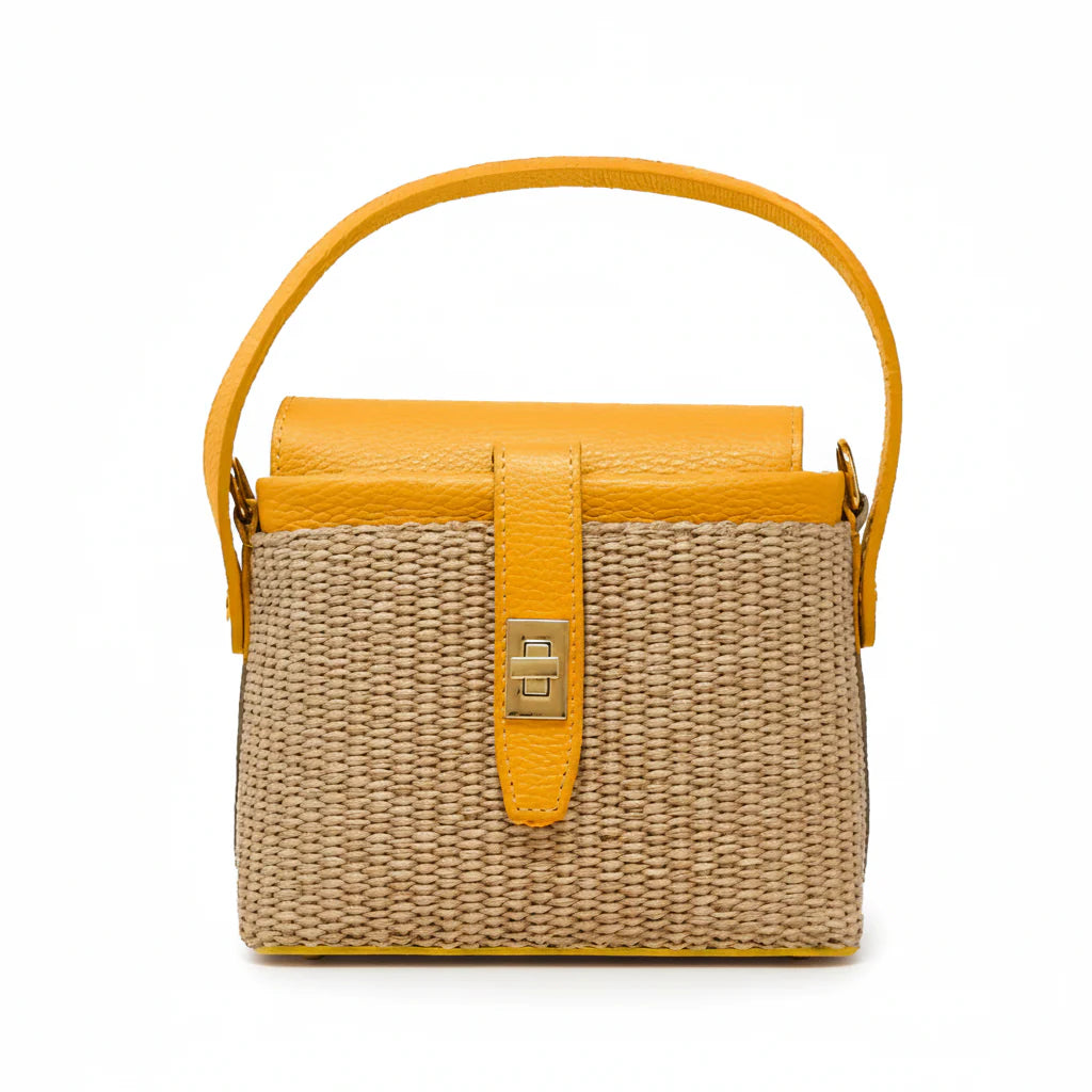 Italian Leather and Rattan Top Handle Bag with gold turn-lock clasp and metal feet - Mustard
