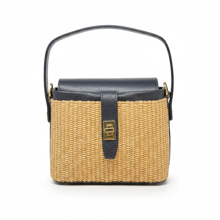 Italian Leather and Rattan Top Handle Bag with gold turn-lock clasp and metal feet - Navy