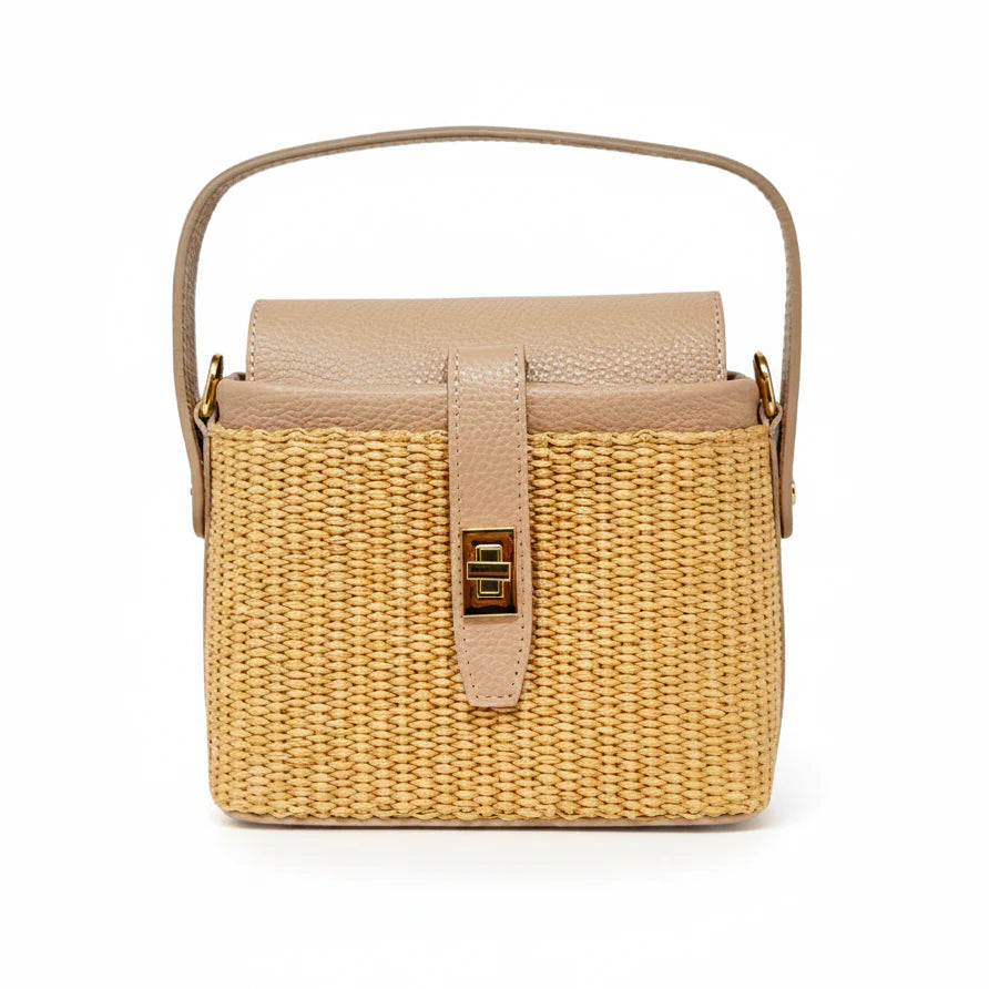 Italian Leather and Rattan Top Handle Bag with gold turn-lock clasp and metal feet - Nude