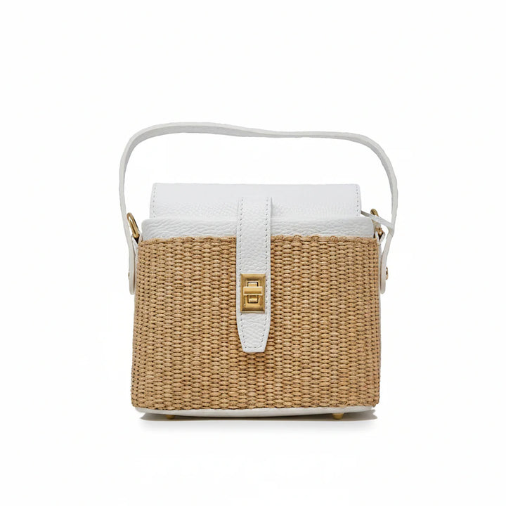 Italian Leather and Rattan Top Handle Bag with gold turn-lock clasp and metal feet - White