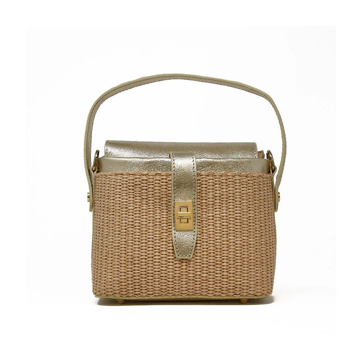 Italian Leather and Rattan Top Handle Bag with gold turn-lock clasp and metal feet - Gold