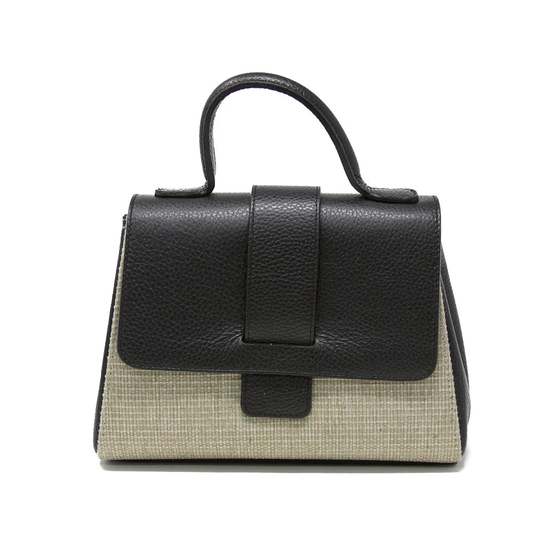 Italian Leather and Raffia Top Handle Crossbody Bag with tab-through flap closure - Black