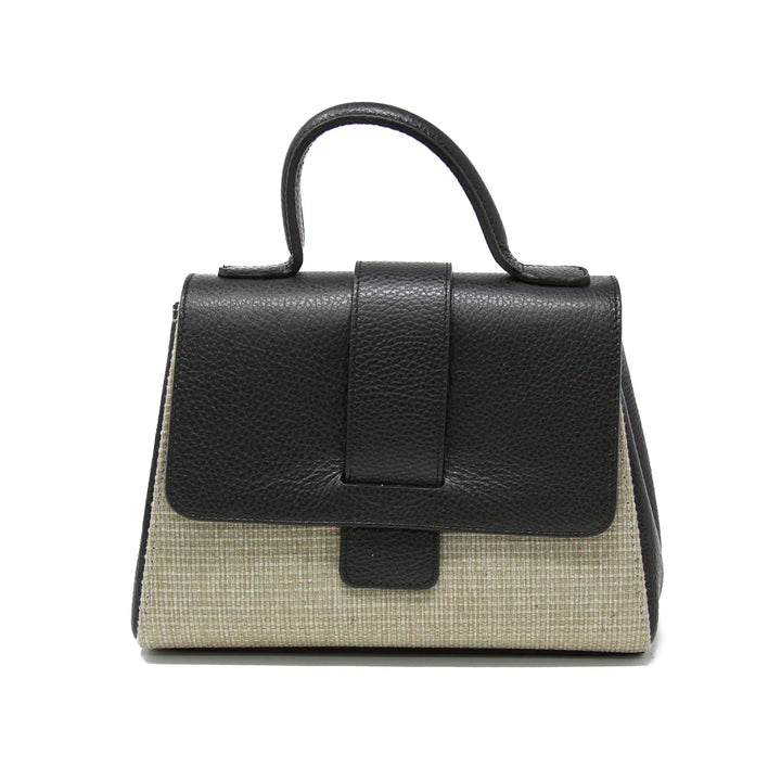 Italian Leather and Raffia Top Handle Crossbody Bag with tab-through flap closure - Black