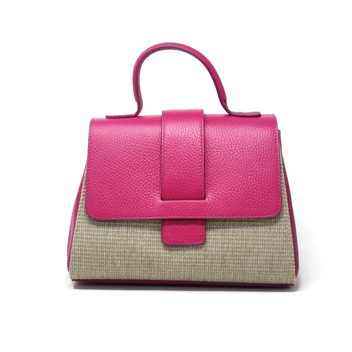 Italian Leather and Raffia Top Handle Crossbody Bag with tab-through flap closure - Hot Pink