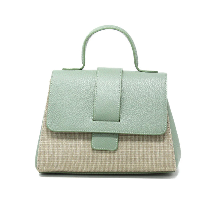 Italian Leather and Raffia Top Handle Crossbody Bag with tab-through flap closure - Mint