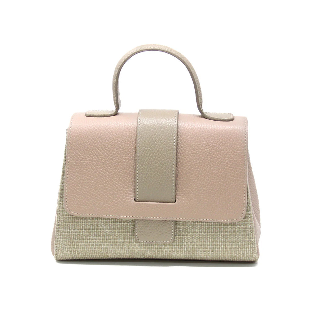 Italian Leather and Raffia Top Handle Crossbody Bag with tab-through flap closure - Nude