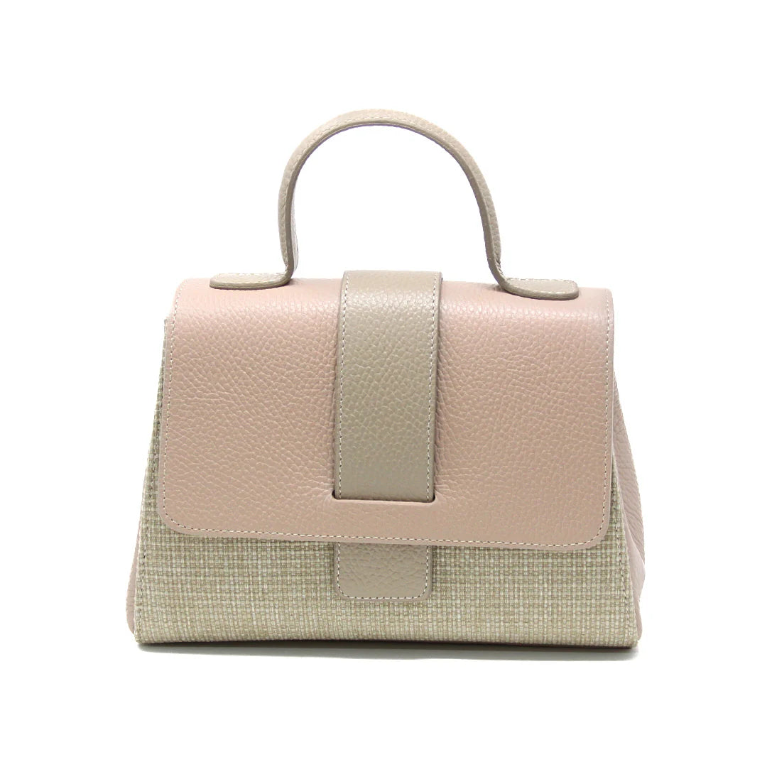 Italian Leather and Raffia Top Handle Crossbody Bag with tab-through flap closure - Nude