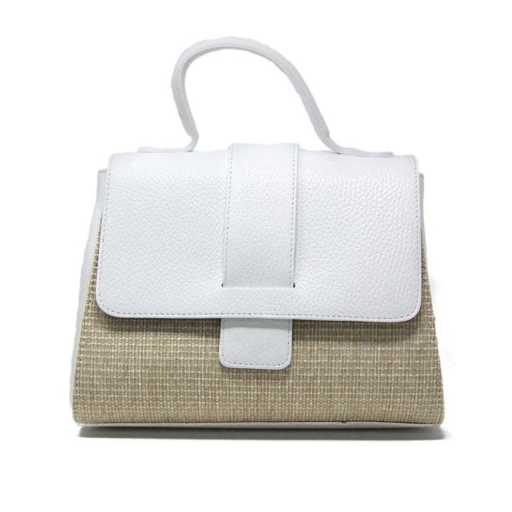 Italian Leather and Raffia Top Handle Crossbody Bag with tab-through flap closure - White