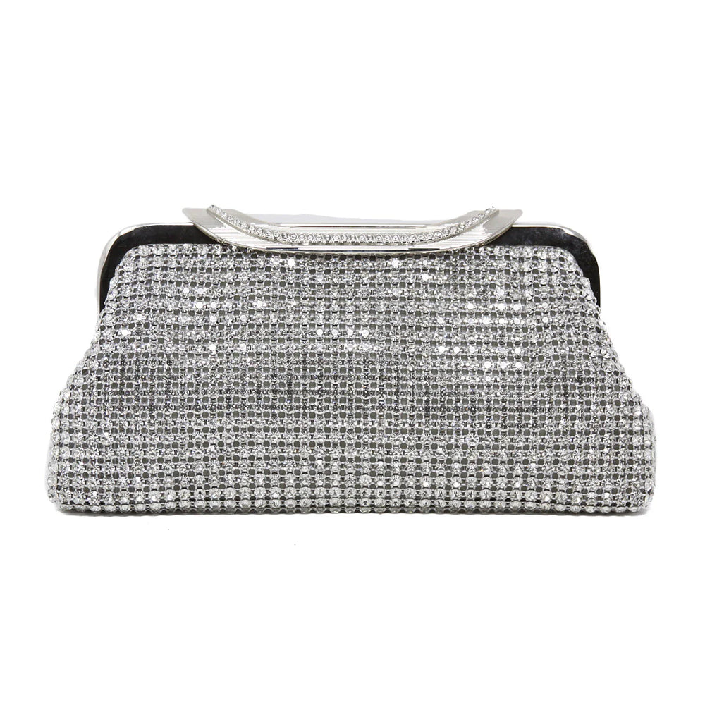 Crystal Evening Clutch with embellished top handle and hook closure Silver