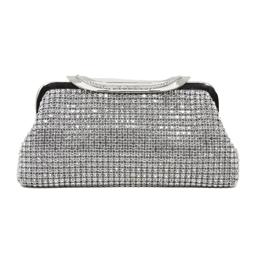 Crystal Evening Clutch with embellished top handle and hook closure Silver
