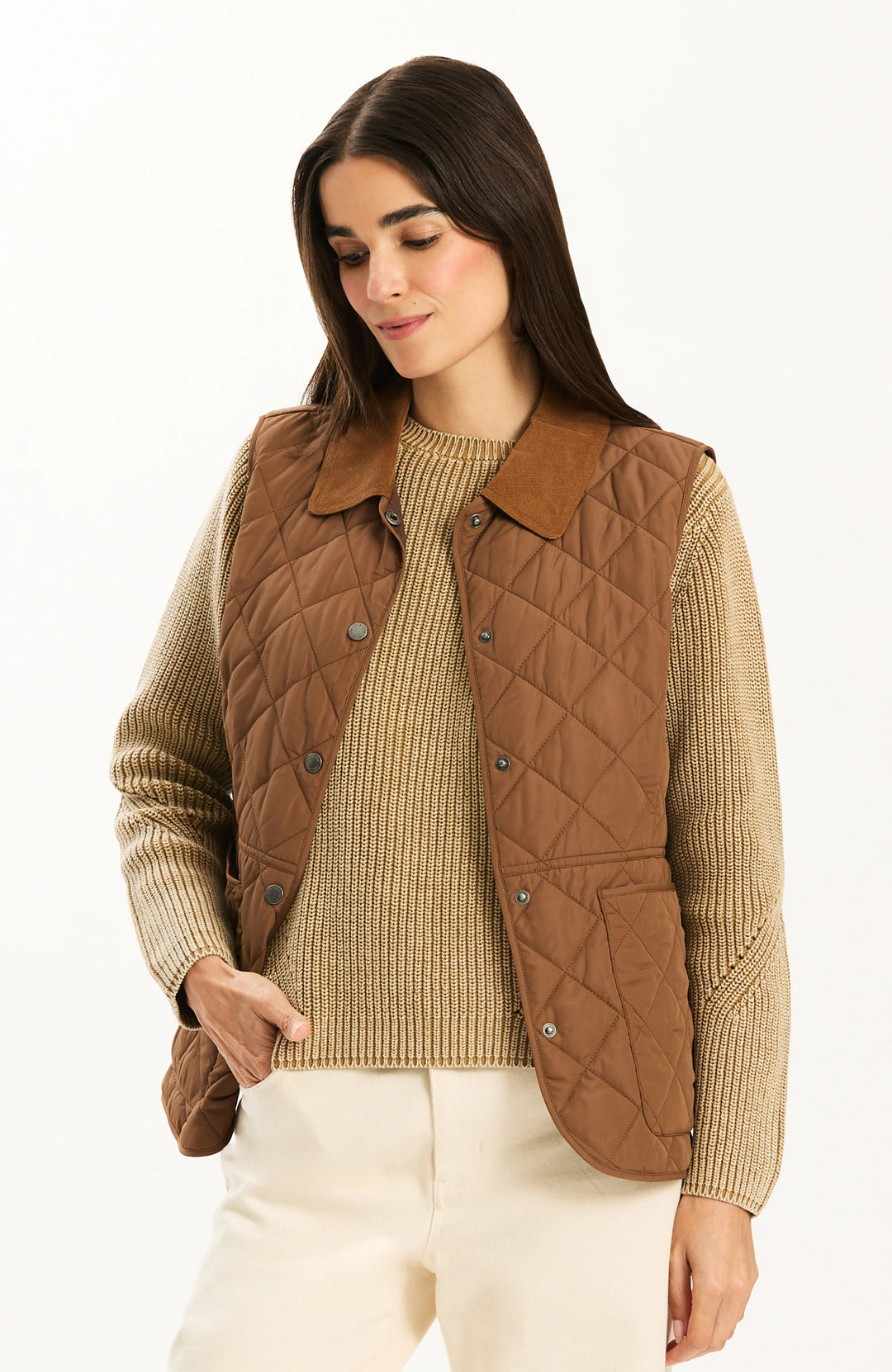 Tyler Boe Amoreena Quilted Vest in Bison, cropped front view showing collar and snap-front detail