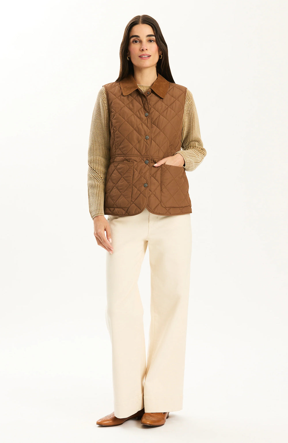 Tyler Boe Amoreena Quilted Vest in Bison, front view on-model, full-length