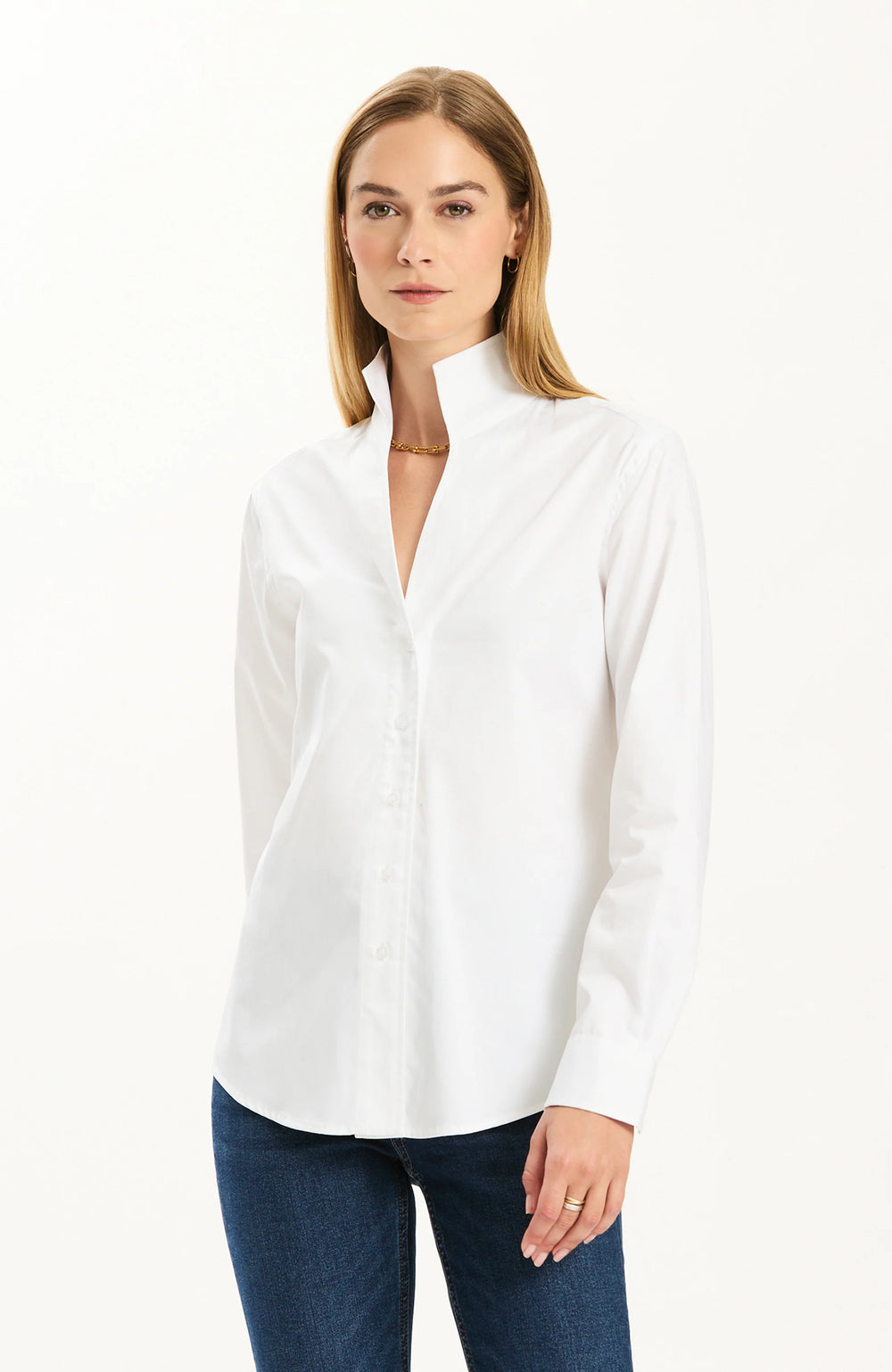 Tyler Boe Natalie White Cotton Sateen Shirt, front view on-model, full-length