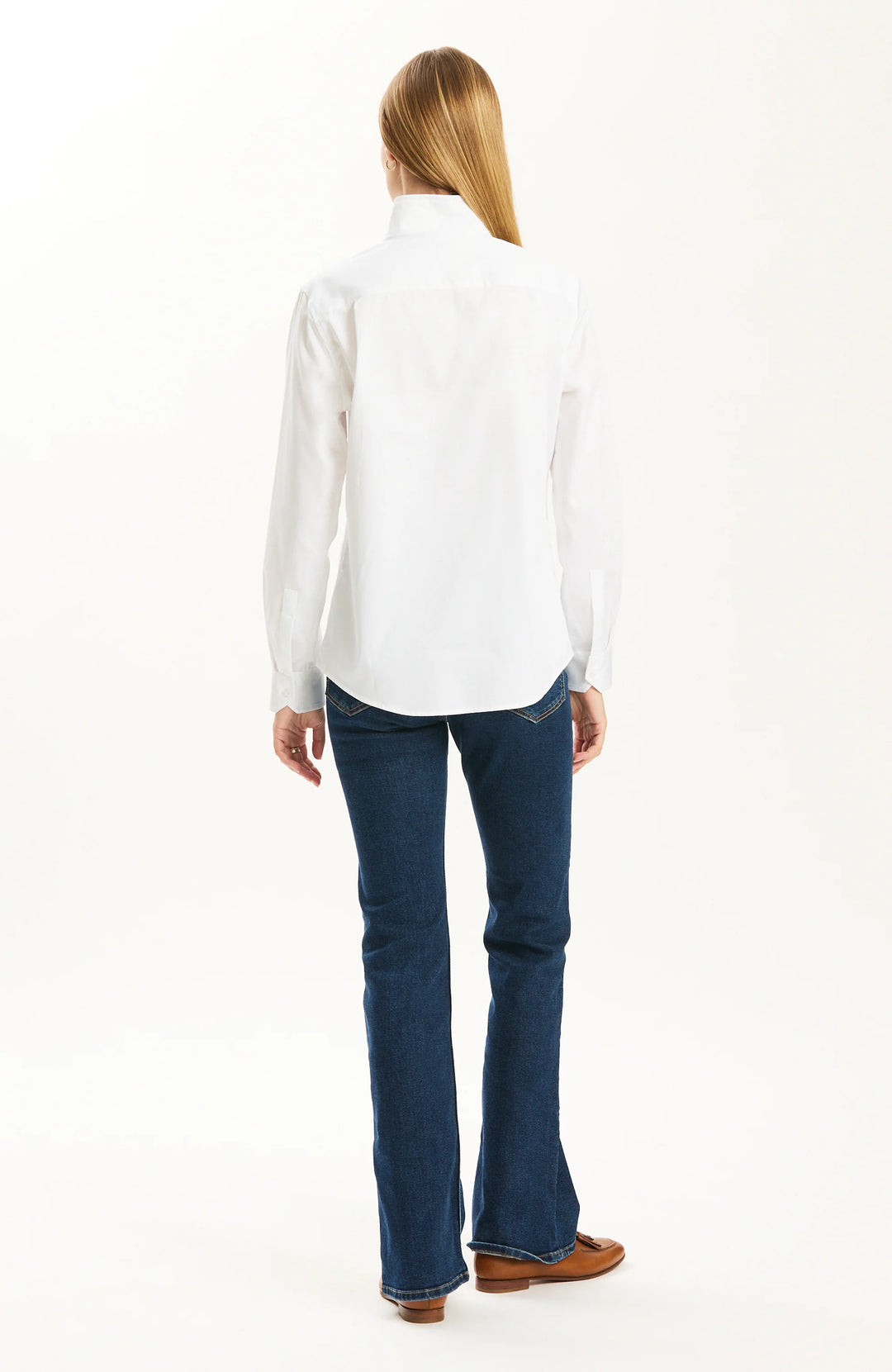 Tyler Boe Natalie White Cotton Sateen Shirt, back view on-model, full-length showing curved hem