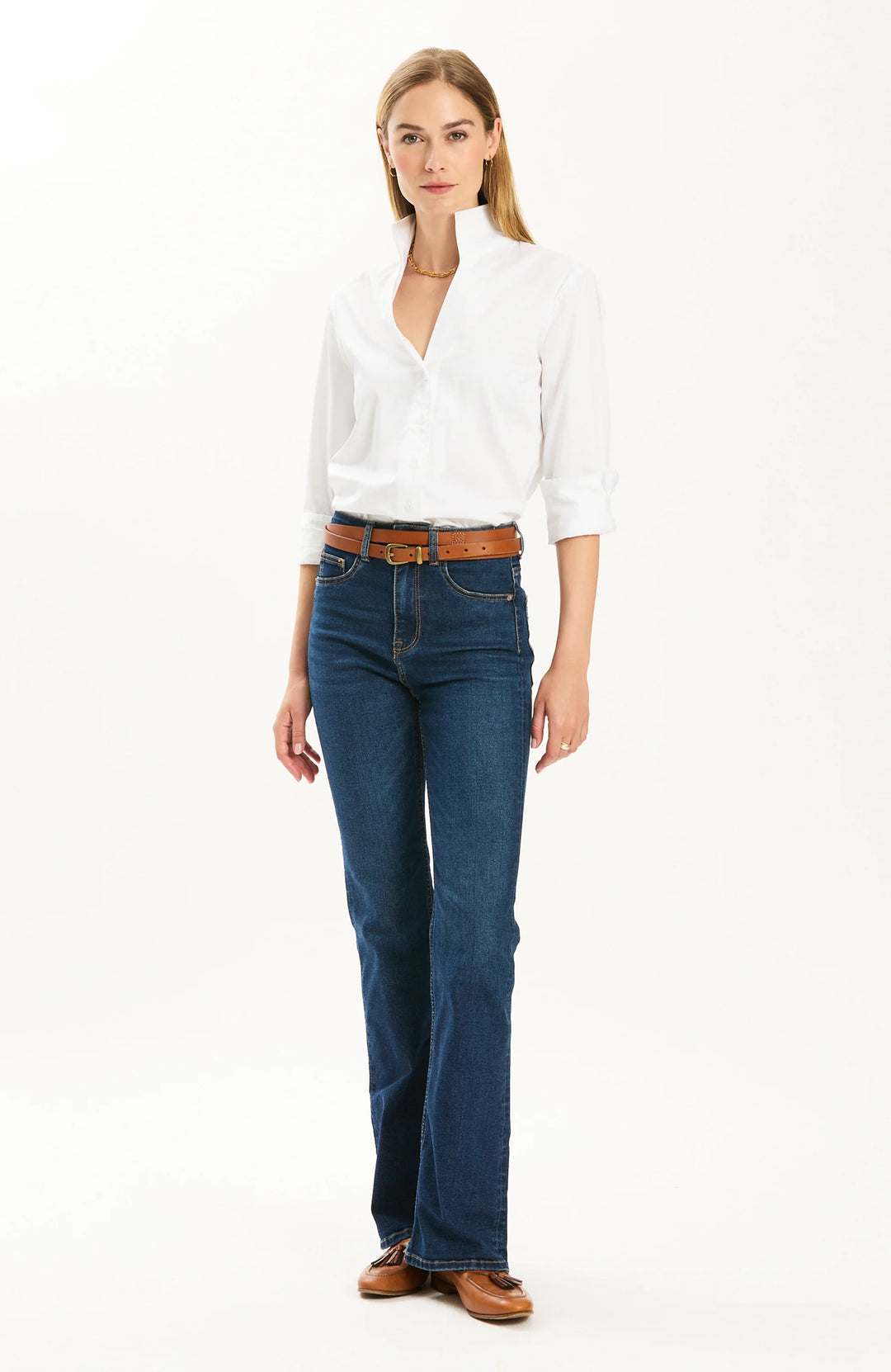 Tyler Boe Natalie White Cotton Sateen Shirt, front view on-model