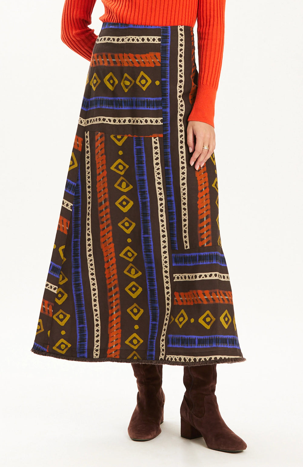 Tyler Boe Val Rails Stripe Skirt, cropped front view showing print detail and fringe hem