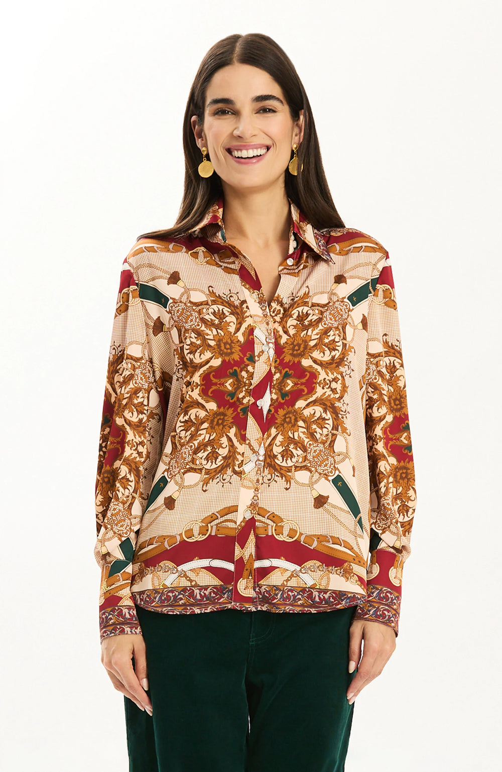 Tyler Boe Chloe Status Charmeuse Blouse, front view on model worn untucked, showing baroque scarf print in cream, caramel, red, and green with point collar and button front