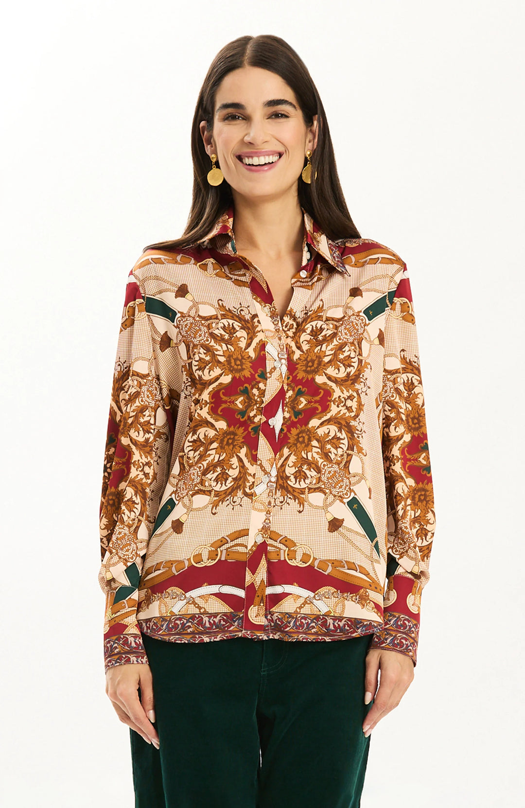 Tyler Boe Chloe Status Charmeuse Blouse, front view on model worn untucked, showing baroque scarf print in cream, caramel, red, and green with point collar and button front