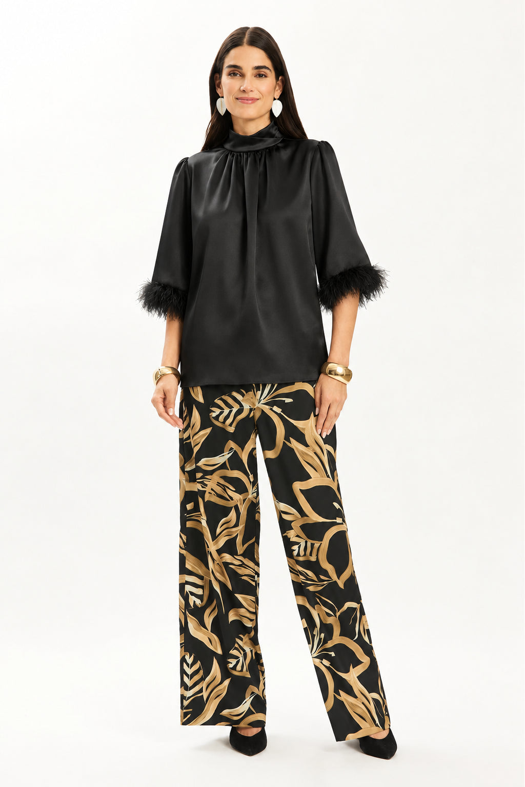 Lainey Charmeuse Blouse W/ Feathers in Black