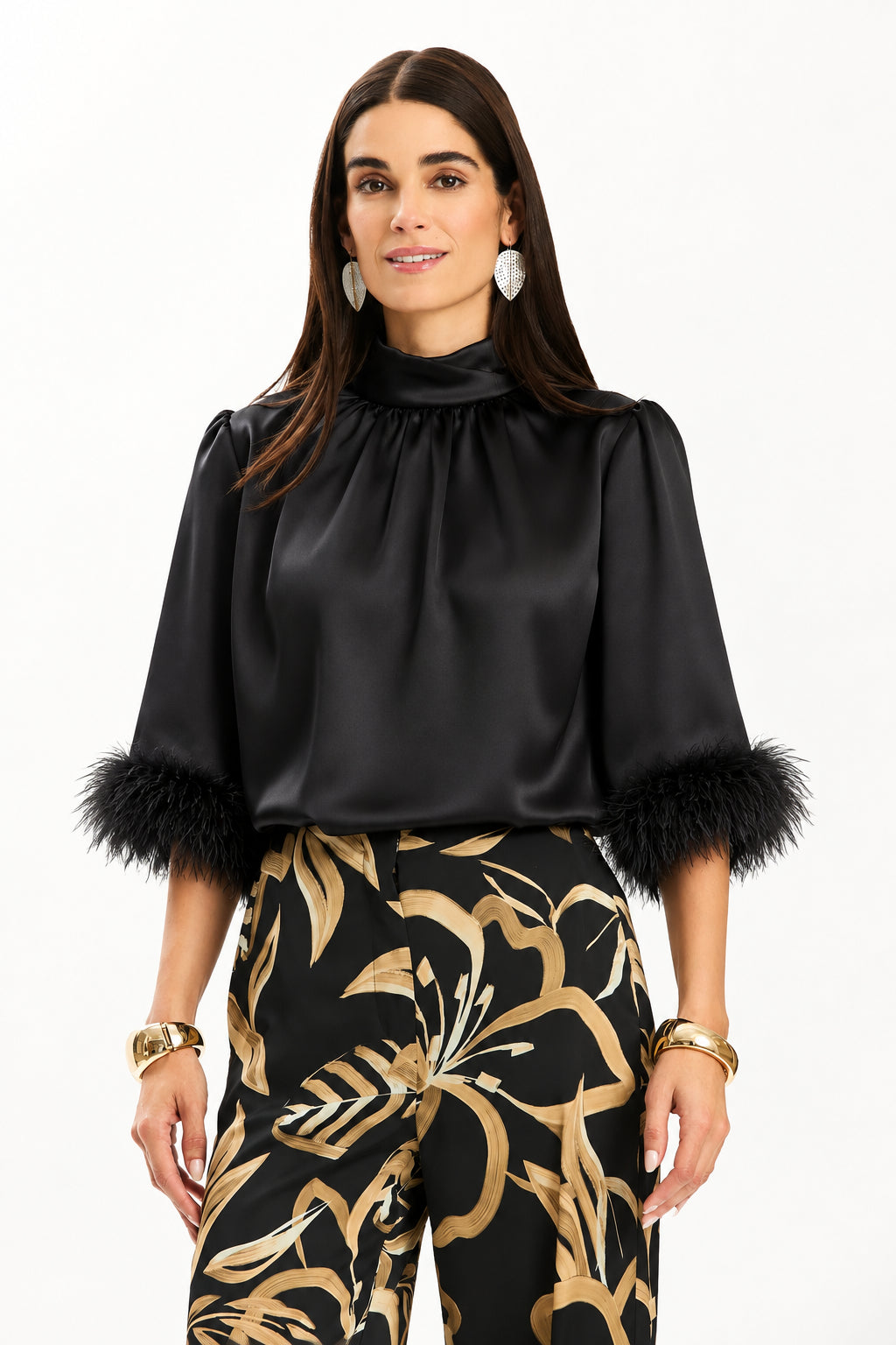 Lainey Charmeuse Blouse W/ Feathers in Black