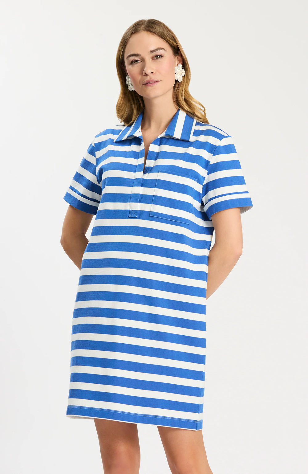Tyler Boe Toni Knit Striped Polo Dress, close-up of point collar, concealed button placket, and patch chest pocket in horizontal blue and white knit stripe with contrast topstitching.