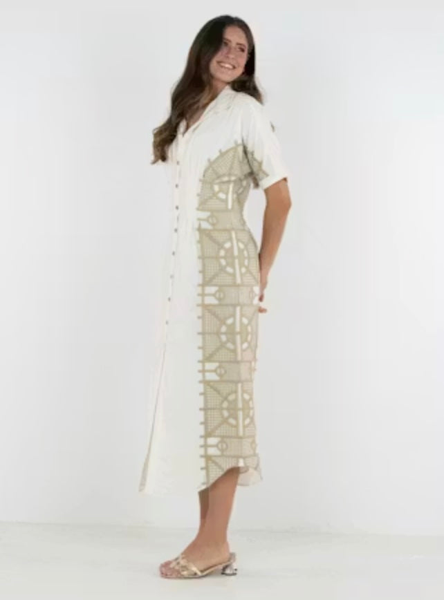 Emily McCarthy Georgia Dress in Trellis ivory cotton with geometric taupe embroidery panel and open V-collar - side