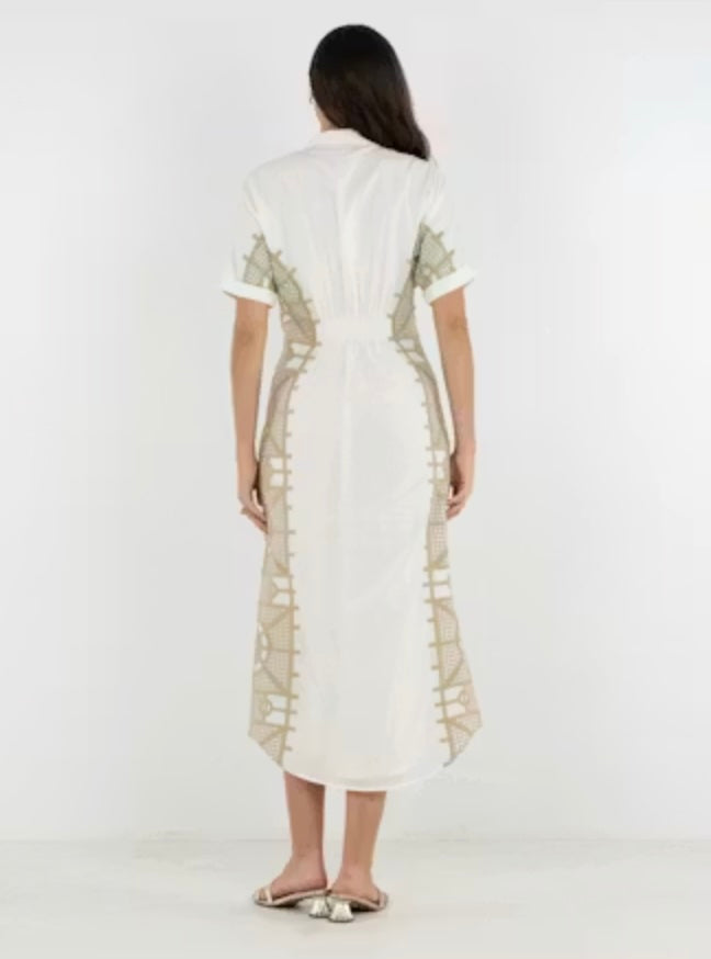 Emily McCarthy Georgia Dress in Trellis ivory cotton with geometric taupe embroidery panel and open V-collar - back