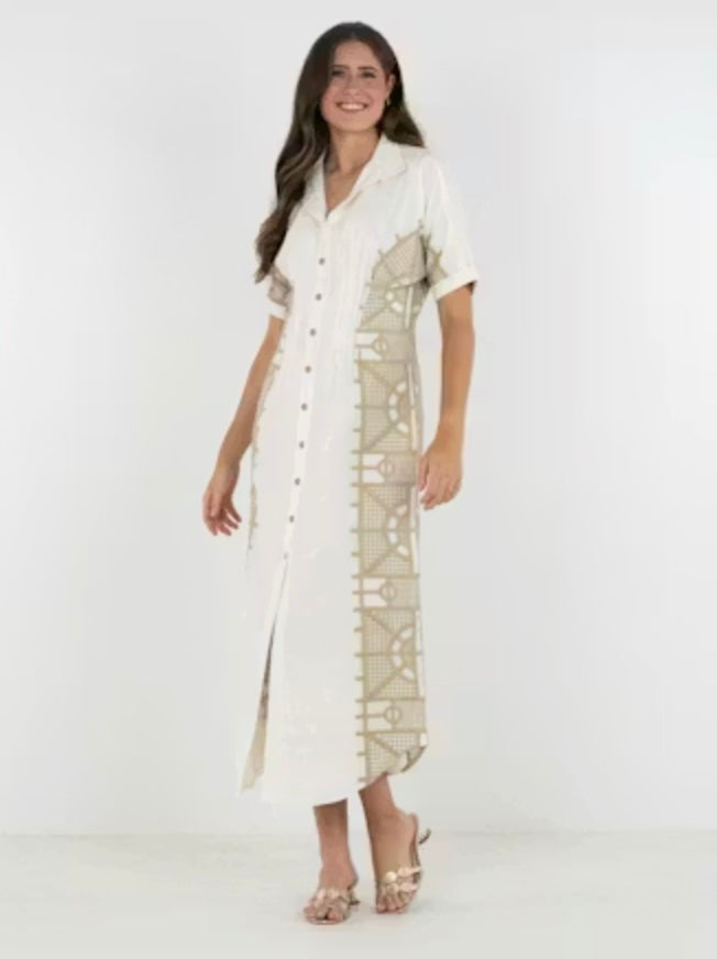 Emily McCarthy Georgia Dress in Trellis ivory cotton with geometric taupe embroidery panel and open V-collar