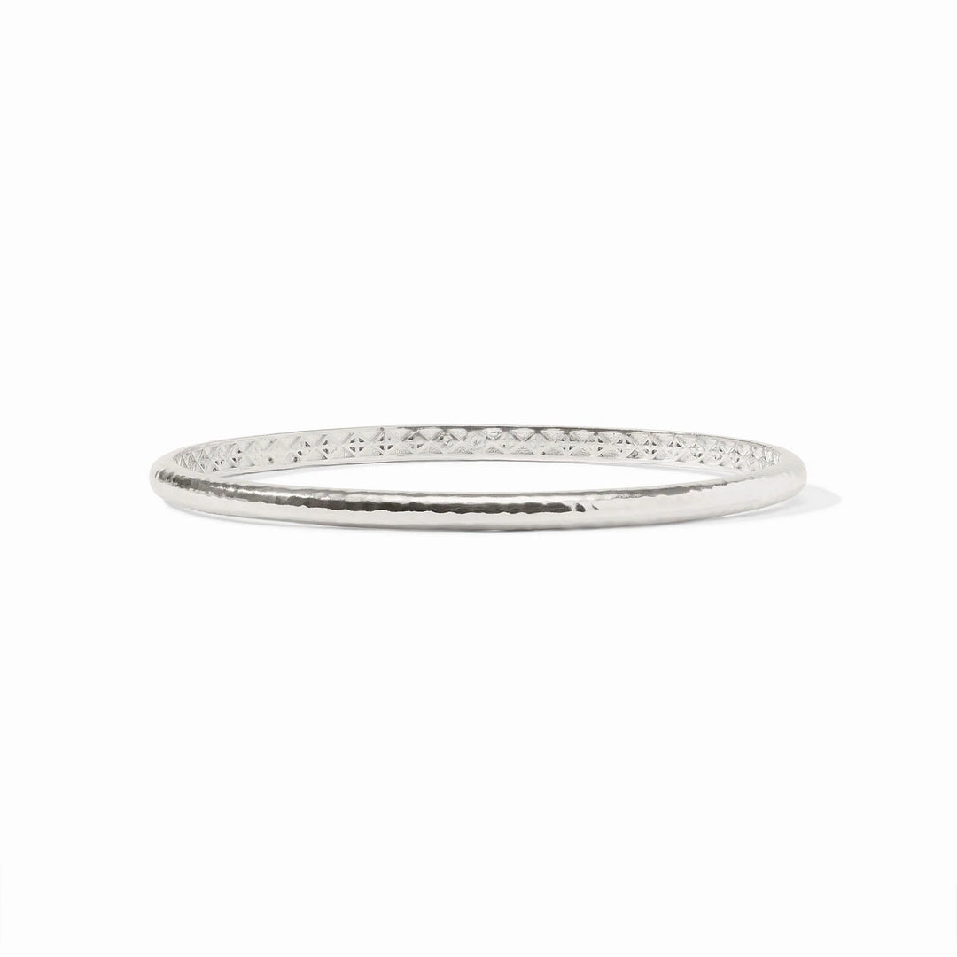 Julie Vos Havana Demi Bangle in silver plate with hammered exterior and engraved geometric interior detail.