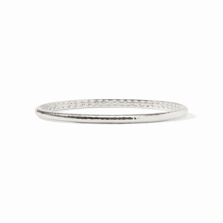 Julie Vos Havana Demi Bangle in silver plate with hammered exterior and engraved geometric interior detail.