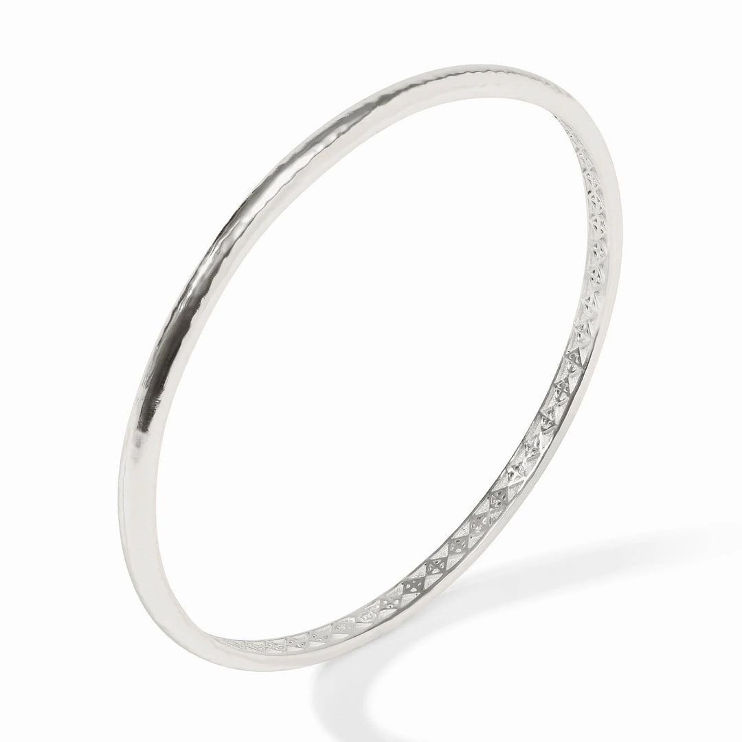 Julie Vos Havana Demi Bangle in silver plate with hammered exterior and engraved geometric interior detail showing