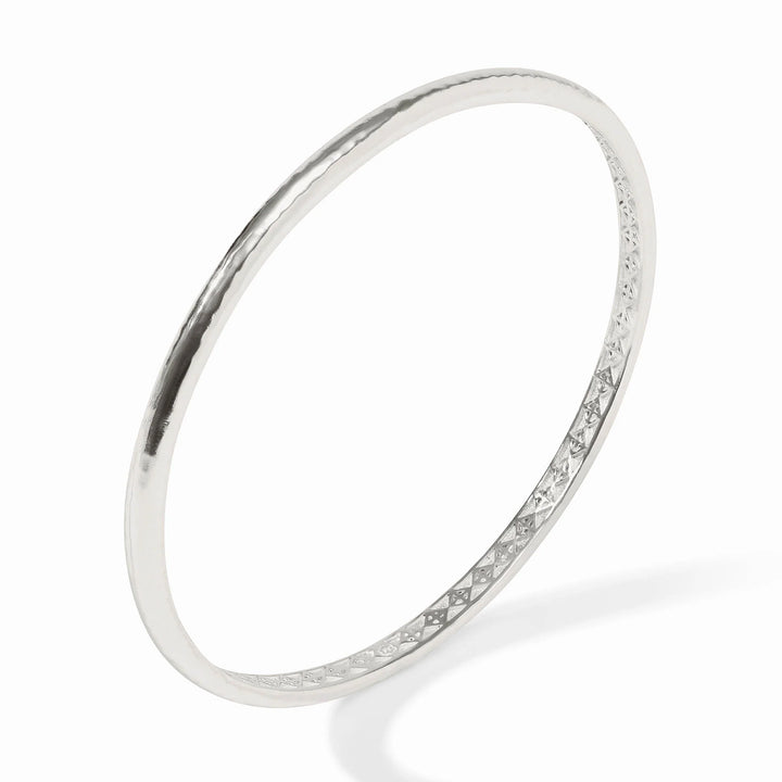 Julie Vos Havana Demi Bangle in silver plate with hammered exterior and engraved geometric interior detail showing