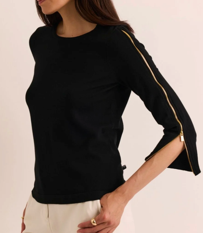 Hinson Wu Antonella 3/4 Sleeve Dreamy Yarn Top in Black — side detail of zipper sleeve, on model