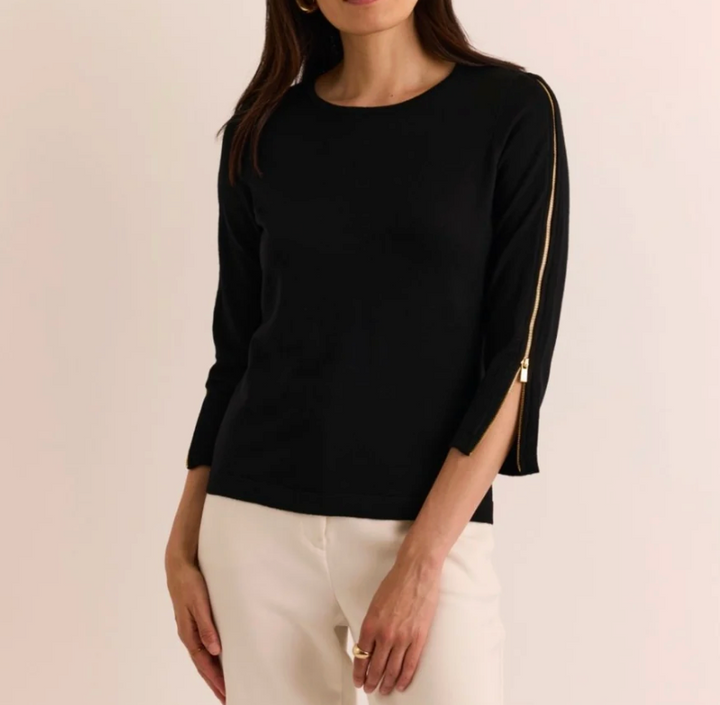 Hinson Wu Antonella 3/4 Sleeve Dreamy Yarn Top in Black — front/side view on model