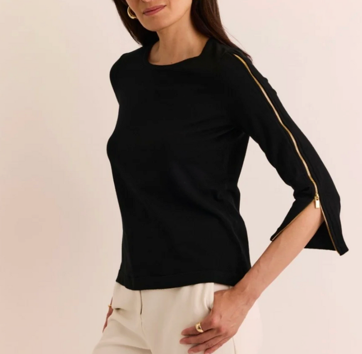 Hinson Wu Antonella 3/4 Sleeve Dreamy Yarn Top in Black — front/side angle on model, close