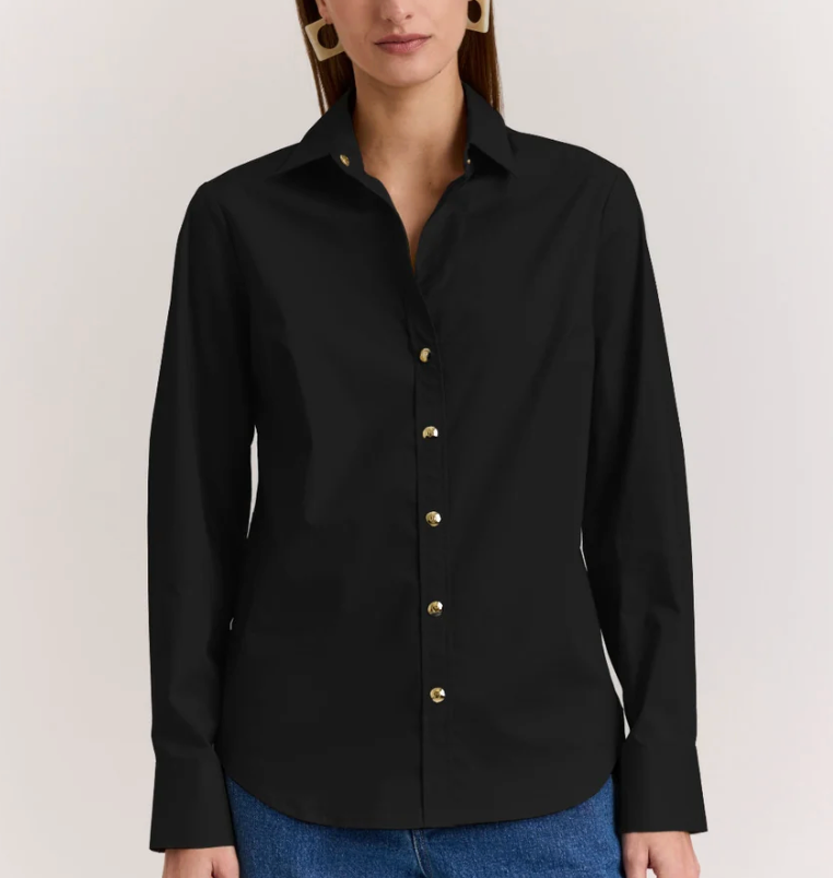 Hinson Wu Clarice Navy Long Sleeve Top — front view on model, buttoned