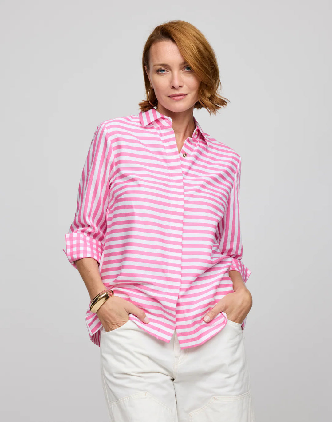 Hinson Wu Xena 3/4 Sleeve Shirt in blue and white stripe, button-front, relaxed tailored fit