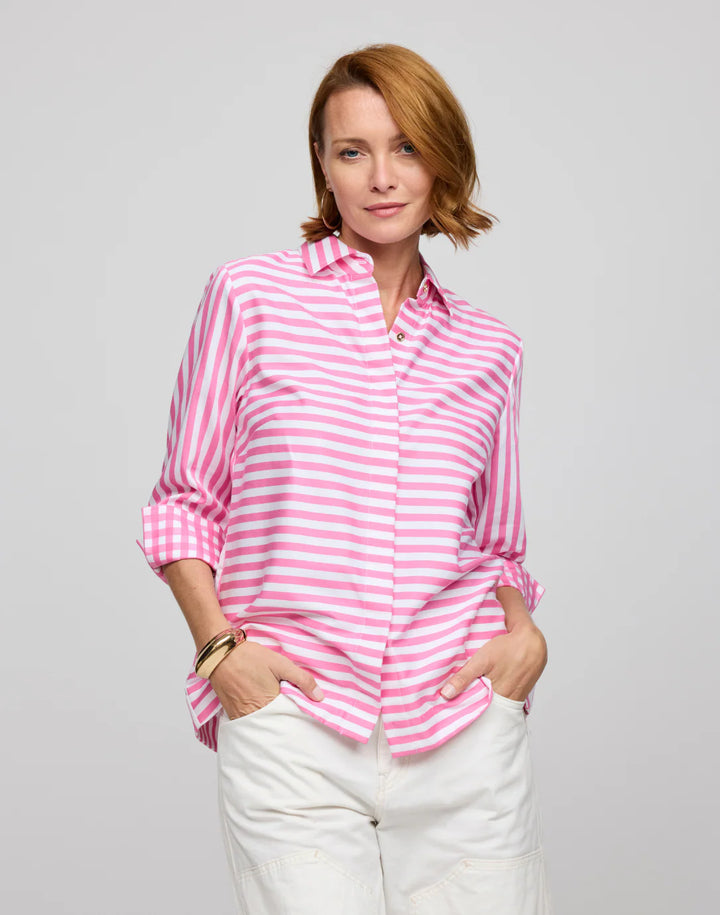 Hinson Wu Xena 3/4 Sleeve Shirt in blue and white stripe, button-front, relaxed tailored fit