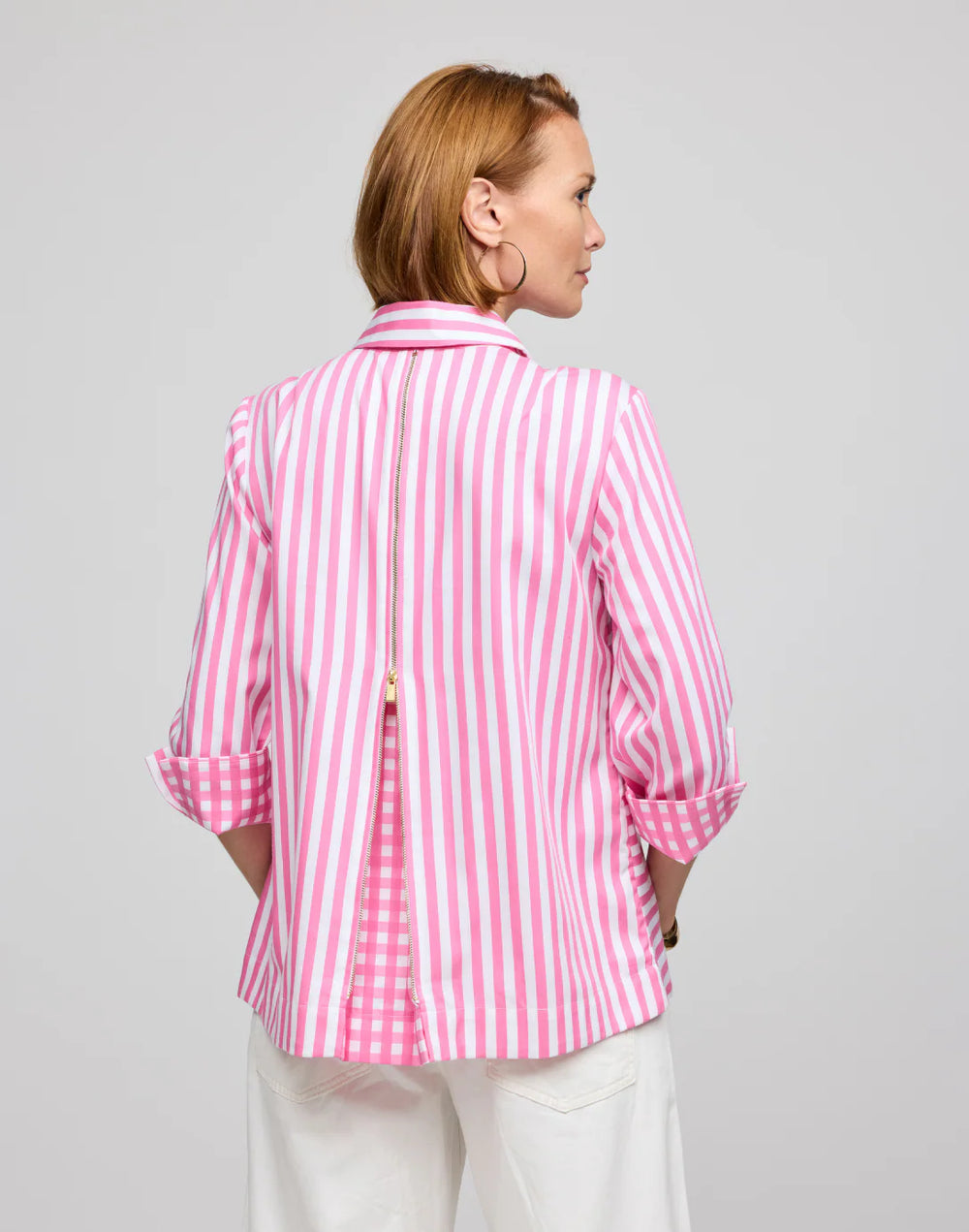 Hinson Wu Xena 3/4 Sleeve Shirt in blue and white stripe, button-front, relaxed tailored fit