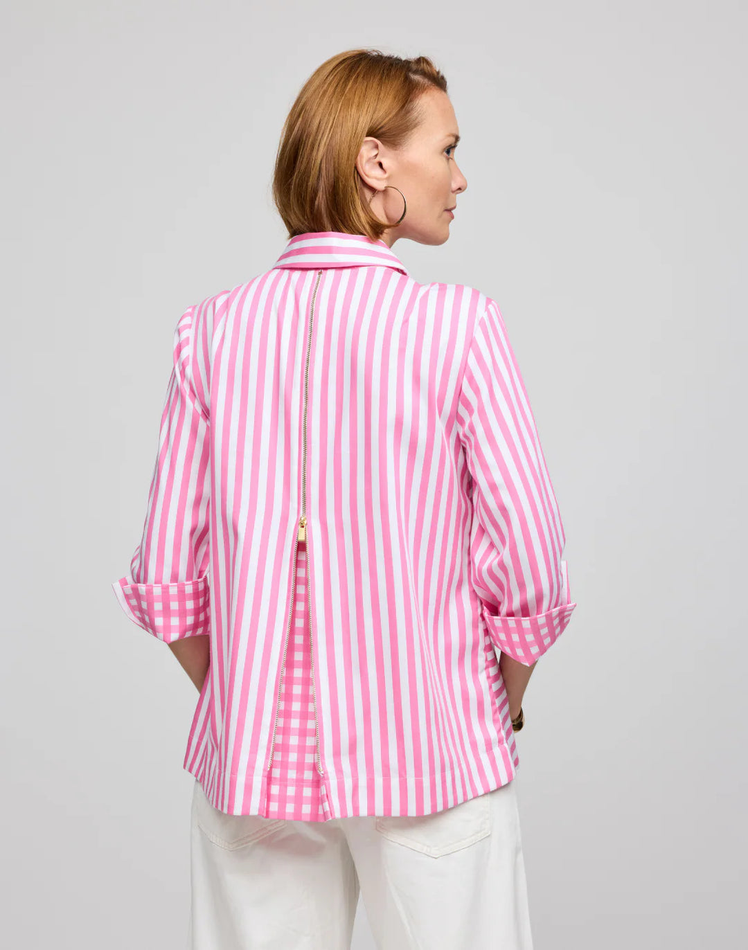 Hinson Wu Xena 3/4 Sleeve Shirt in blue and white stripe, button-front, relaxed tailored fit
