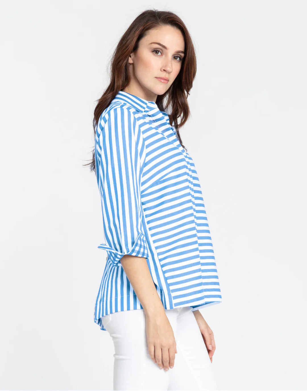 Hinson Wu Xena shirt in classic blue and white stripe with 3/4 sleeves and button-front placket