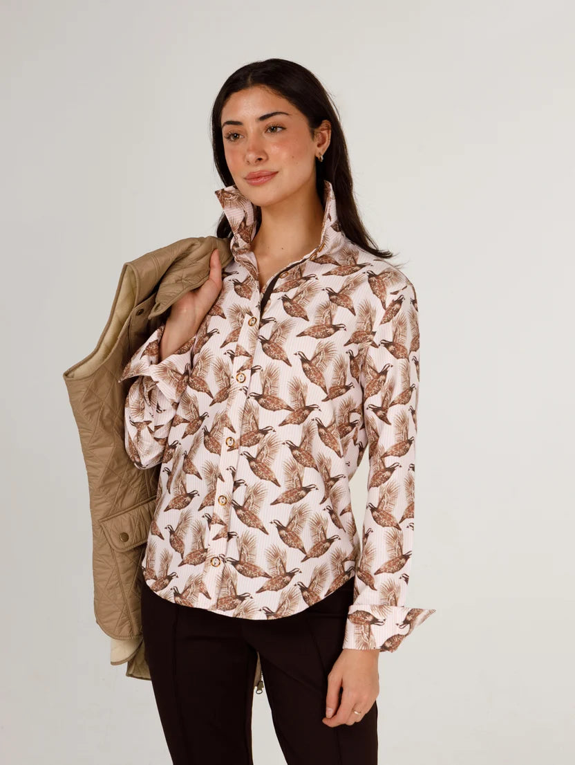 Liz Luxe Oxford Top in Field &amp; Quail Mini Brown on Pink Stripe