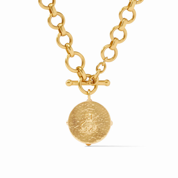 Close-up of Julie Vos Honeybee Demi Necklace showing detailed bas relief bee reverse, 24K gold plate finish
